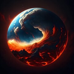 Surreal Divided Planet with Blue Oceanic Half and Fiery Lava Inferno in Cosmic Space