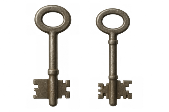 Old metal skeleton keys offering security, access, and vintage elegance on transparent background