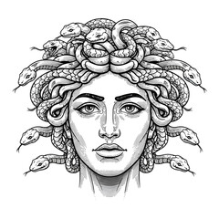 Mythological Medusa A Detailed Black and White Portrait of the Gorgon's Iconic Features