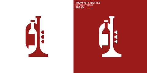 Trumpet and bottle logo. Musical instruments, wind instruments, drinks, wine. Vector design template.