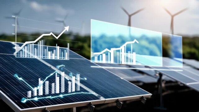 Solar panels and wind turbines are showcased with detailed data analysis visualizations demonstrating energy efficiency improvements - Powered by Adobe