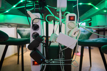 A Comprehensive and Complex Power Setup Involving Lights and Various Cables and Connections