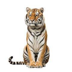 Obraz premium Majestic sitting tiger with striking stripes on transparent background