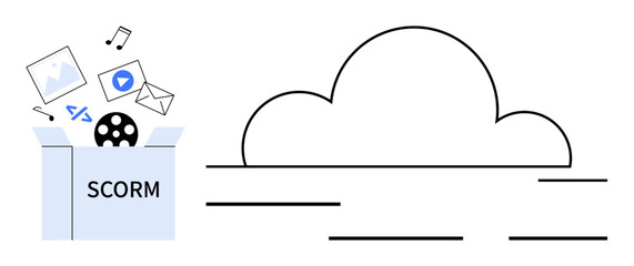 Box labeled SCORM with images, videos, music, code, and email icons emerging, connected to a cloud symbol. Ideal for e-learning, digital content, cloud storage LMS education media sharing