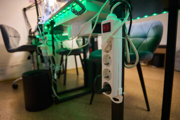 A Comprehensive and Complex Power Setup Involving Lights and Various Cables and Connections