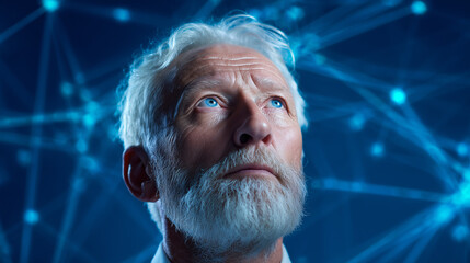 An elderly man with a thoughtful expression looks upward against a backdrop of a digital network. The glowing lines and nodes suggest a connection to technology and innovation
