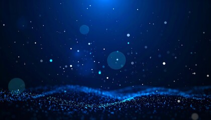An abstract, dark blue background with floating particles and a wavy, textured foreground of shimmering light. Bokeh effects add depth and subtle lighting