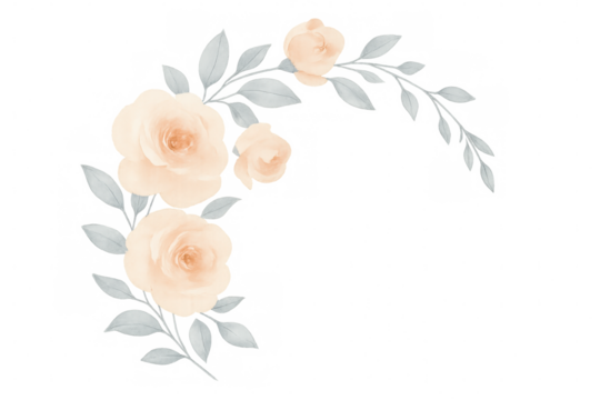 Watercolor rose floral border with pastel flowers and green leaves, transparent background digital art - Powered by Adobe