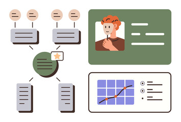 Network of connected nodes, profile card, analytics graph, lists. Ideal for business planning, organization, project management, processes, teamwork data analysis simple flat metaphor