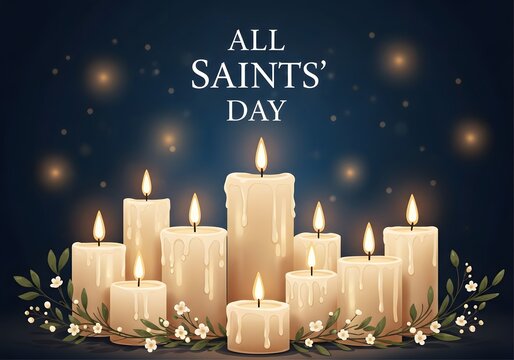 All Saints' Day card with multiple lit candles, small flowers, and a dark blue background.