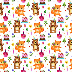 Cute seamless pattern with cute forest animals - fox and bear, cakes, gift, flowers on white background. Perfect for baby shower, kids party decor, wrapping paper and textile prints.