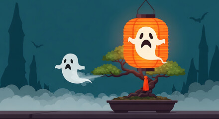 Flying Phantom Escapes Spooky Japanese Halloween Lantern