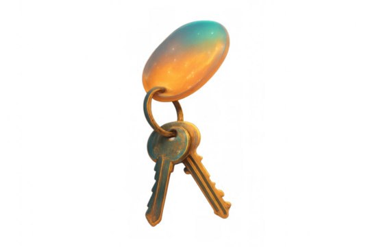 Keys with golden glow and turquoise plastic keychain, illustrating security, access, ownership, and protection concepts