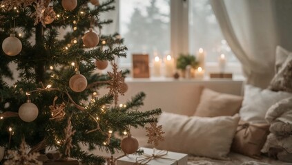 Cozy Christmas living room with decorated tree and soft lighting