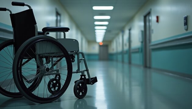 Empty wheelchair in hospital corridor with overhead lights  