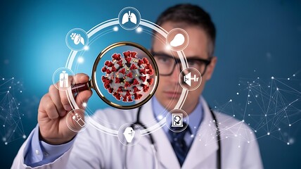 Doctor analyzing red virus cell through magnifying glass with futuristic medical interface and digital health icons
