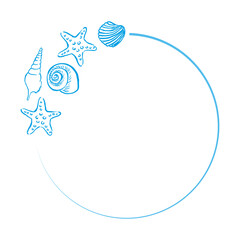 Blue seashell and starfish circle frame &ndash; marine summer border illustration