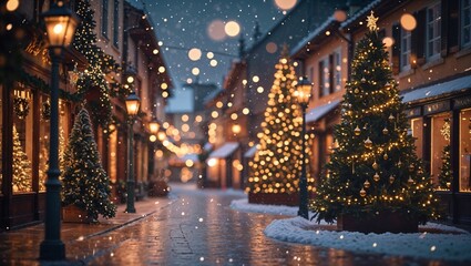 Christmas lights brighten a festive winter street scene at night