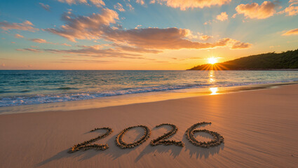 A serene beach at sunset with “2026” written in the sand, where gentle turquoise waves meet golden shores beneath a vibrant blue sky with scattered clouds and a sunlit green hill on the horizon.