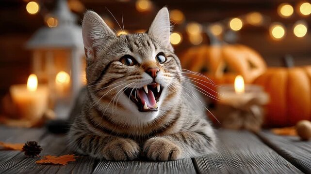 The angry tabby cat is showing its sharp fangs as it hisses in a spooky Halloween scene, surrounded by glowing jack o' lanterns, candles, and autumn decorations placed on a wooden table