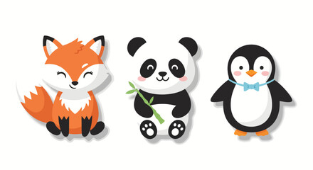 Adorable cartoon fox, panda, and penguin friends sharing joy and simplicity in a clean, bright, and cheerful illustration perfect for children's content.