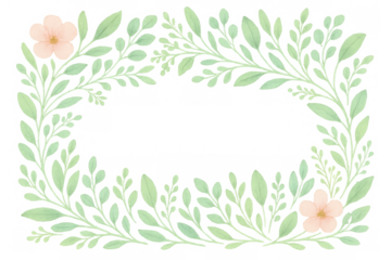 Watercolor floral frame forming a rectangular border with delicate pink flowers and green leaves on transparent background