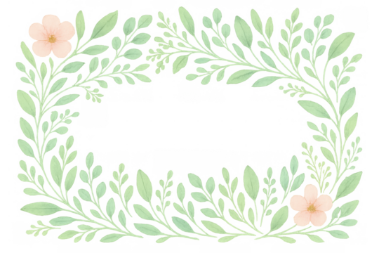 Watercolor floral frame forming a rectangular border with delicate pink flowers and green leaves on transparent background