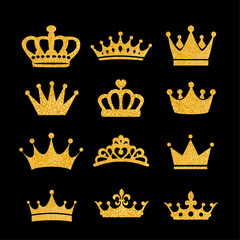 Gold glitter crown collection vector set design