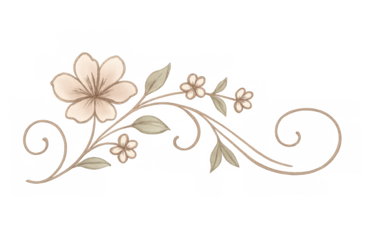 Vintage floral ornament with watercolor flowers and leaves on delicate scrolling vines, transparent background