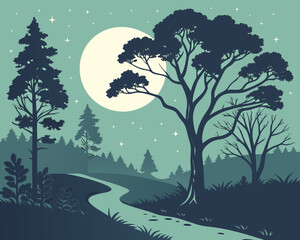 Obraz premium night landscape with trees and moon