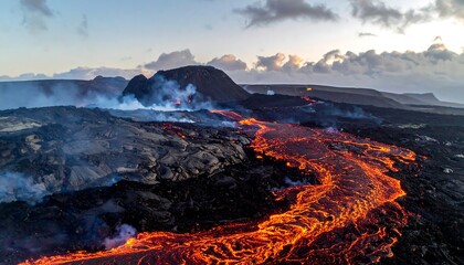 Aerial view of a volcanic eruption. Molten lava flows down a valley with smoke and clouds. Dark, rocky terrain contrasts with the glowing lava