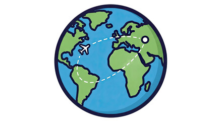 Naklejka premium Colorful illustration of a globe with an airplane flying across continents
