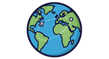 Colorful illustration of a globe with an airplane flying across continents