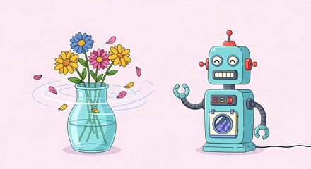 Happy Vintage Robot Spins Flower Vase Illustration