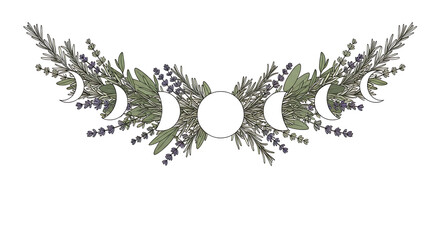 Herbal Triple Moon Phase Garland Botanical Line Art