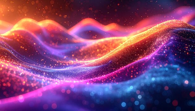 Abstract illustration of undulating, glowing waves with a gradient of orange, purple, and blue. Bokeh and scattered particles create a vibrant, ethereal effect