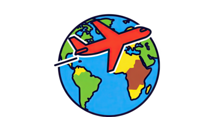 Colorful illustration of an airplane flying around the globe, symbolizing travel