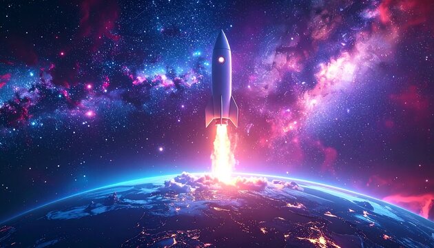 An animated depiction of a rocket ship launching from Earth into a vibrant, colorful nebula-filled cosmos. City lights shine on the planet below
