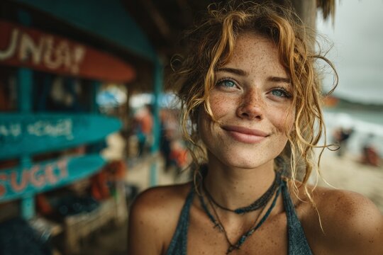 Beautiful woman by surf shop, relaxed coastal vibe. Generative AI - Powered by Adobe