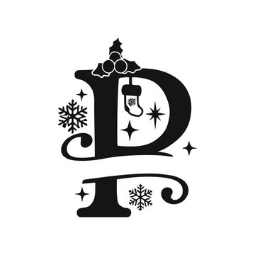 Festive Christmas split letter P monogram with holly, stocking, and snowflakes. Decorative holiday initial for personalized winter designs