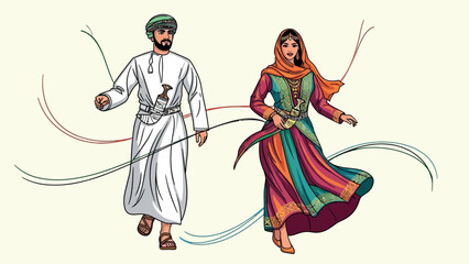 Omani Man and Woman in Traditional Dress Wearing Khandjar Dagger and Colorful Thobe