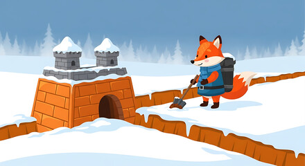 Industrious Cartoon Fox Clearing Winter Castle Wall