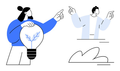 Two characters gesturing in discussion, holding a lightbulb with a tree inside. Ideal for innovation, teamwork, brainstorming, growth, vision, planning or eco-related topics. Simple flat metaphor