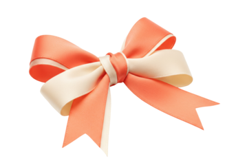 Isolated two-tone bow tie, ribbon of coral and cream. Decoration for celebration, party, gift