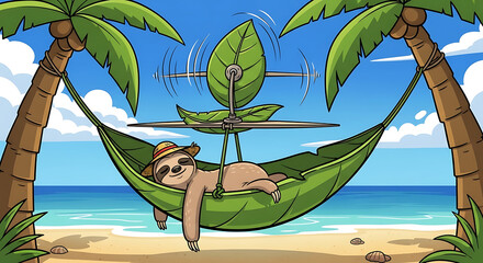 Ingenious Sloth Relaxation Tropical Beach Leaf Fan Vector