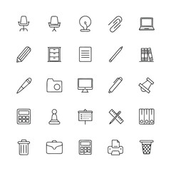 Collection of simple line art icons representing office supplies and equipment