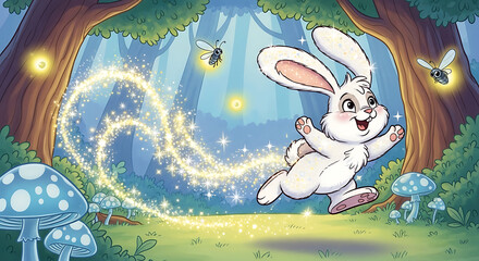 Joyful Cartoon Rabbit Leaping Sparkle Dust Trail