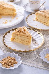 Napoleon cake - puff pastry cake layered with vanilla cream