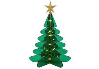 Isolated green acrylic Christmas tree with gold star on top, with lights for decoration