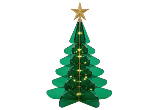 Isolated green acrylic Christmas tree with gold star on top, with lights for decoration